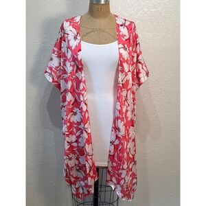 GiGio‎ Floral Print Kimono Pink White Lightweight Duster Cover Up Small NWT